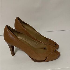 Stuart Weitzman Tan Peep-Toe Heels